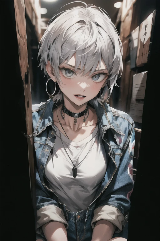 (masterpiece:1.2, best quality), (1lady, solo, upper body:1.2), Hair: buzz cut, Clothing: oversized, distressed denim jacket with patches and pins, paired with black skinny jeans and combat boots, Accessories: silver hoop earrings and a black choker necklace, (from front:1.2), looking at viewer, Hanging out in an underground music venue or street art exhibit, squating, peeping