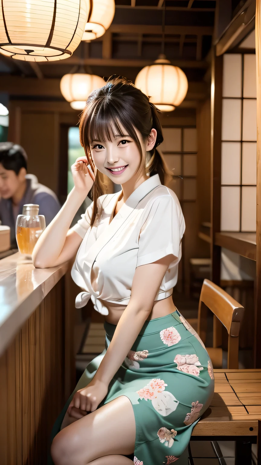 (((high-definition images, atmospheric perspective, 8k, super detail, accurate, best quality, angle from below, in the dark))), ((staff selling stuff at the market, southeast Asia)), ((smiling, wear a thin short apron with various patterned and colored, unbuttoned shirt, sweat, looking at me to seduce, slut)), small breasts, (hiding her beautiful nipples with Asian traditional apron), (food festival at night, customers, place many people pass), crouching, ((spread legs to show off her pubic)), close up her lower body, braid,