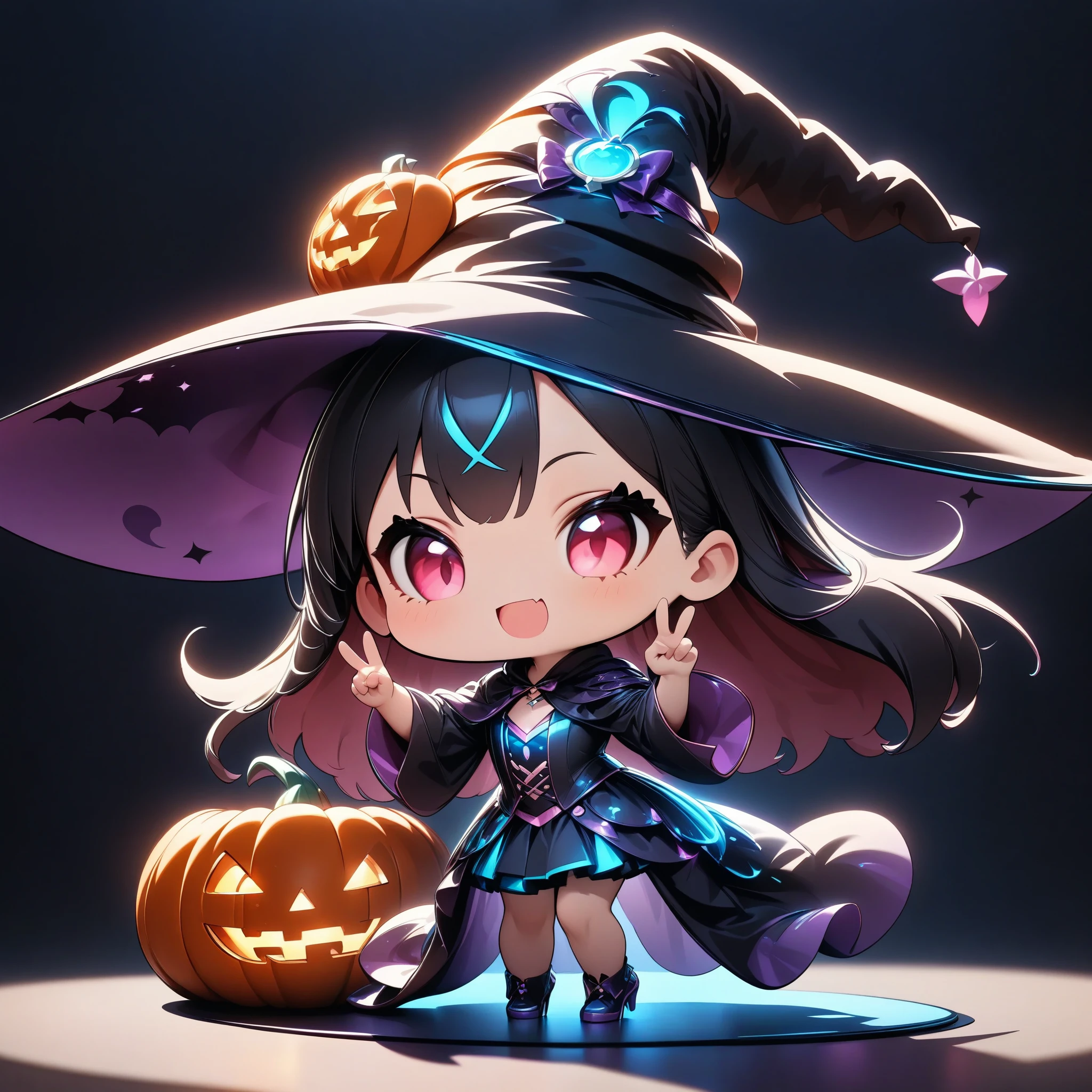 Chibi cute、Deformation、Deformationキャラクター、Halloween Witch、(Standing pose:1.4、v sign)、(Best Quality、 very detailed、 super high definition、 high contrast 、masterpiece)、 Magic effect on all fours、Neon Glowing Outfit 、Witch Robe、Witch Hat、Plain background、Chibi