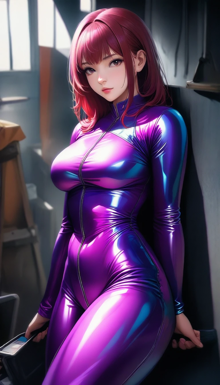 masterpiece, best quality, 1girl, solo, ass, nice ass, front view, standing, warm lighting, smug, gigantic breasts, breast focus, boob window, ((arms behind back)), Detailed face, Detailed green eyes, Detailed face, green eyes, perfect eyes, perfect face, starfire, muscular, extremely muscular, flexing, tanned, tanned skin, front view, looking at viewer, denim shorts,purple latex leotard, latex leotard, red hair, indoors, inside fancy room, red wallpaper, smug face, smug grin, smug expression, arms behind back