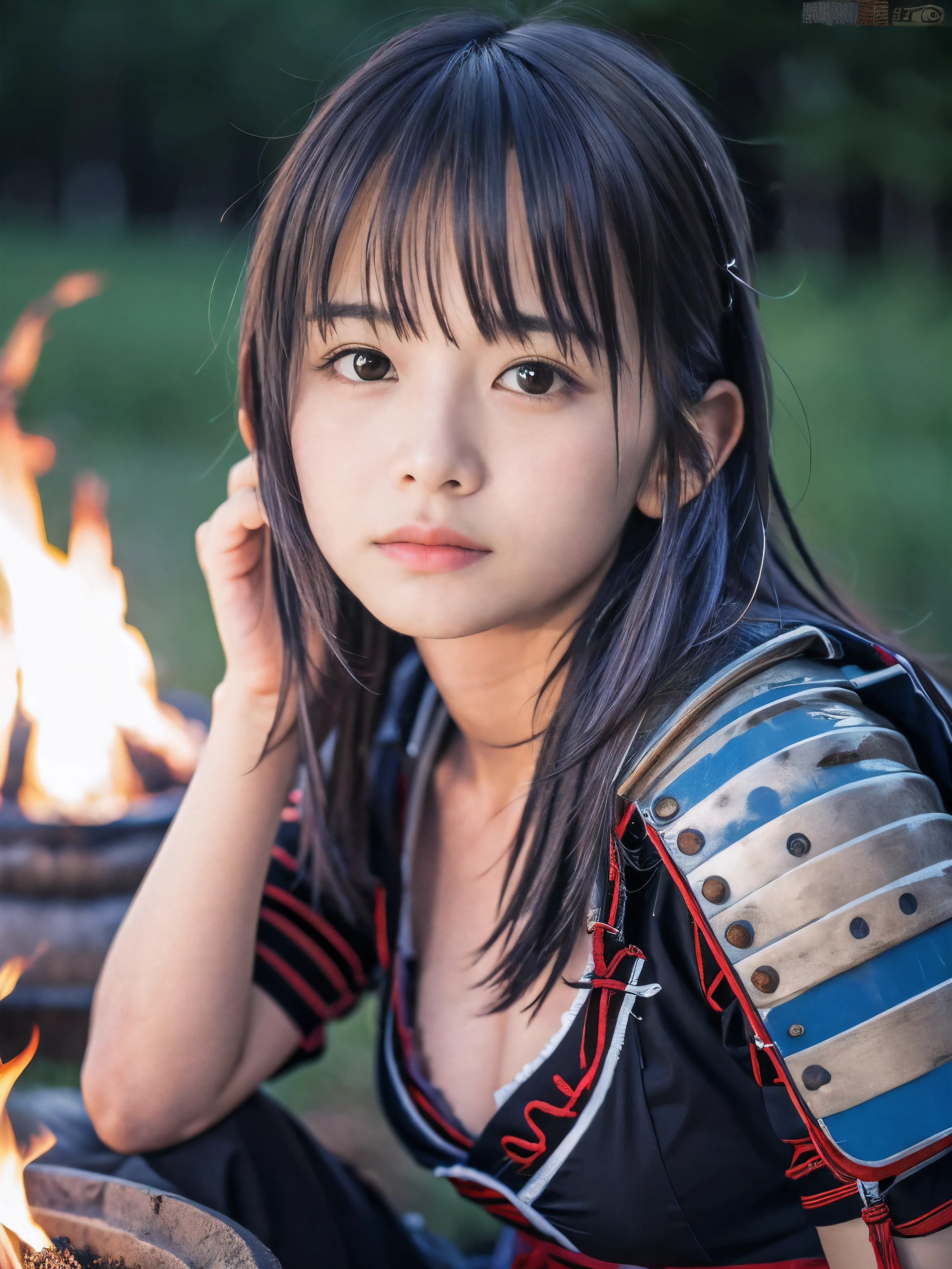 (Close up portrait of one slender small breast half up brown long hair with bangs girl in a dirty blue colored armor warrior as samurai in Japan :1.5)、(One girl take a rest near the bonfire on the wilderness land in old Japan with dirty tired face:1.5)、(Black dark midnight:1.5)、(blurred background:1.5)、(Natural light:1.5)、(8k ultra detailed master piece:1.5)、(perfect anatomy:1.5)、(Photorealistic stick:1.5)、(Raw photo:1.3)、(highest quality:1.5)、(High resolution:1.3)、(Delicate and beautiful perfect face:1.3)、(Delicate and beautiful eye air skin:1.3)、(Real Human Skin:1.3)、((thin legs))