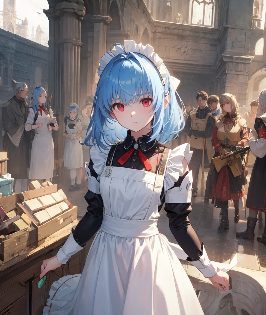 masterpiece,  best quality,   1 girl, Alone, Light blue hair、(medium hair),Fresh Red Eyes 、Maid uniform、Use futuristic weapons、Battle Scenes、Detailed face, Detailed eyes, Fresh Red Eyes , expressionless、 fantasy world、 medieval Europe