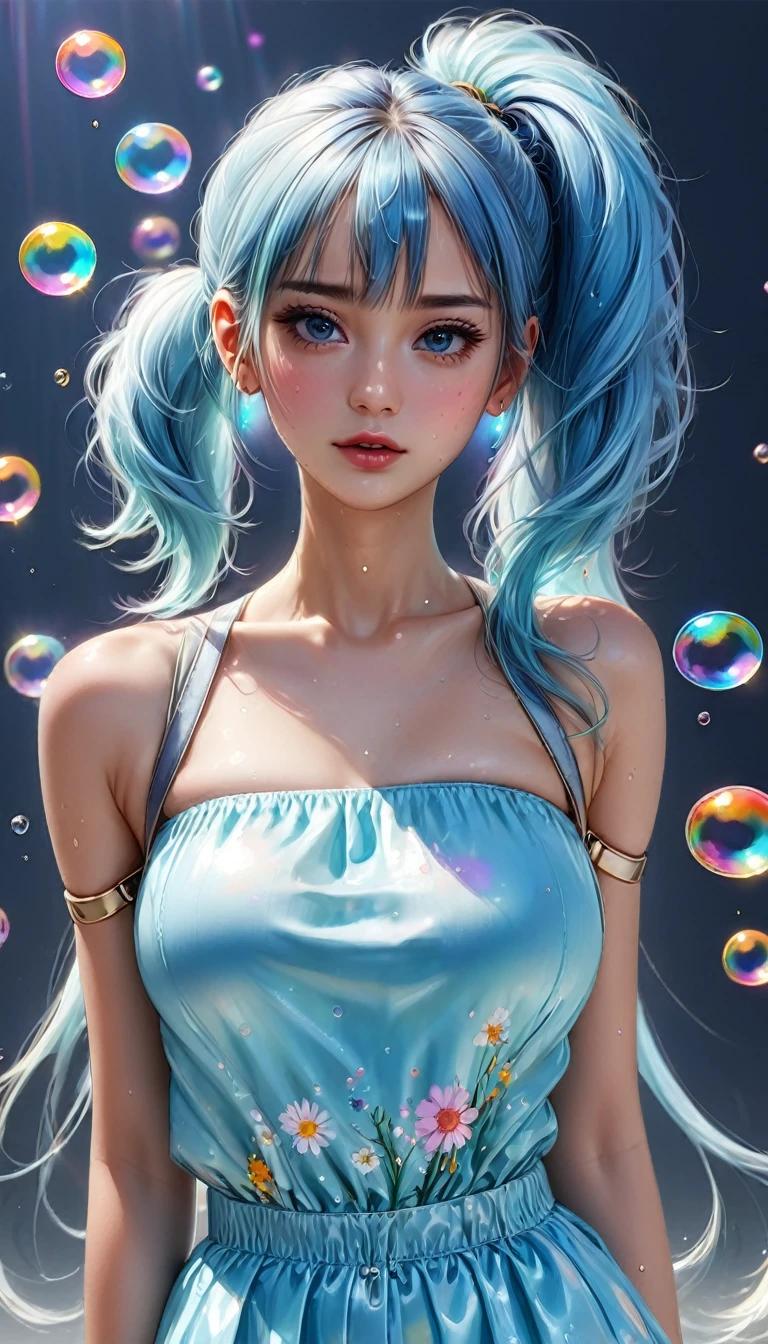 (masterpiece), (best quality), (ultra detailed),(disheveled hair),(illustration), (1girl), (Fashionable clothing), standing, Fashion model, looking at viewer, (interview), (simple background),beautiful detailed eyes, delicate beautiful face, Floating,(high saturation),(colorful splashes),colorful bubble,(shining), focus on face,  ponytail, kamisato ayaka, light blue hair, bangs, hair ring, floating flowers, floating hairs, (shining), best lighting, best shadow,