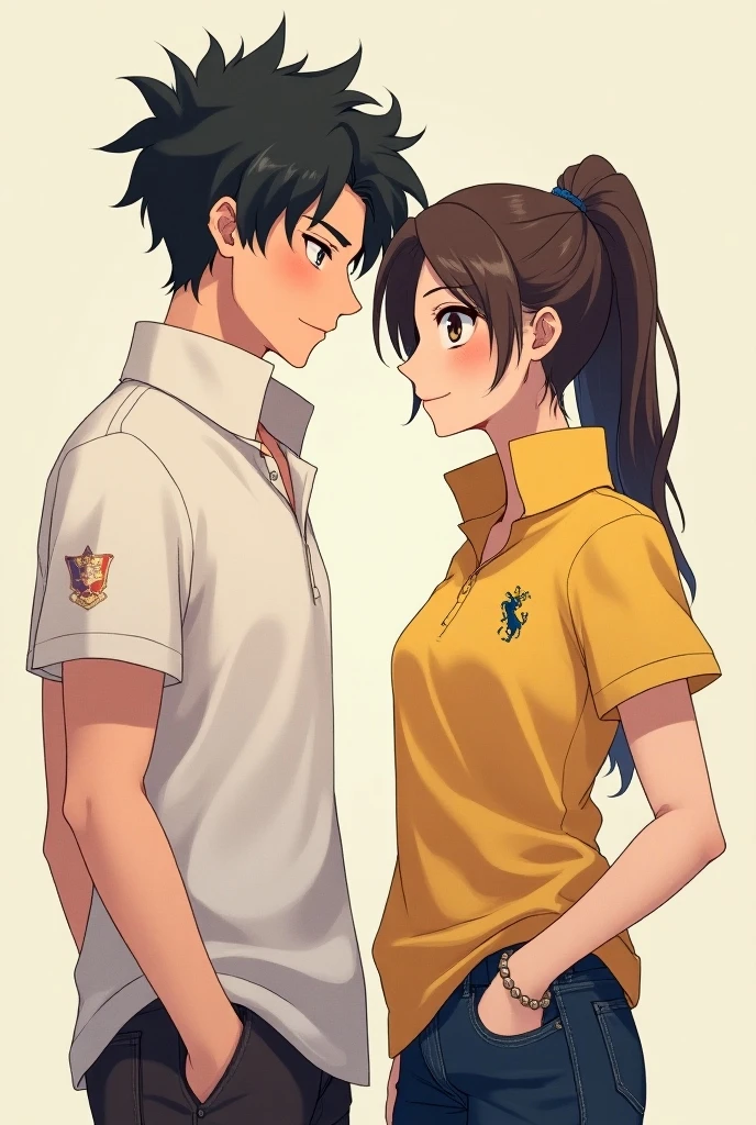 girl、short brown hair、brown eyes、large breasts、clavicle、、high school student、collared shirt、white shirt、sweater vest、(yellow vest:1.2)、short sleeve、pleated skirt、green skirt、white sockary jane、genderbend、boy、Man chest、pleated skirt、green skirt、couple、kiss、