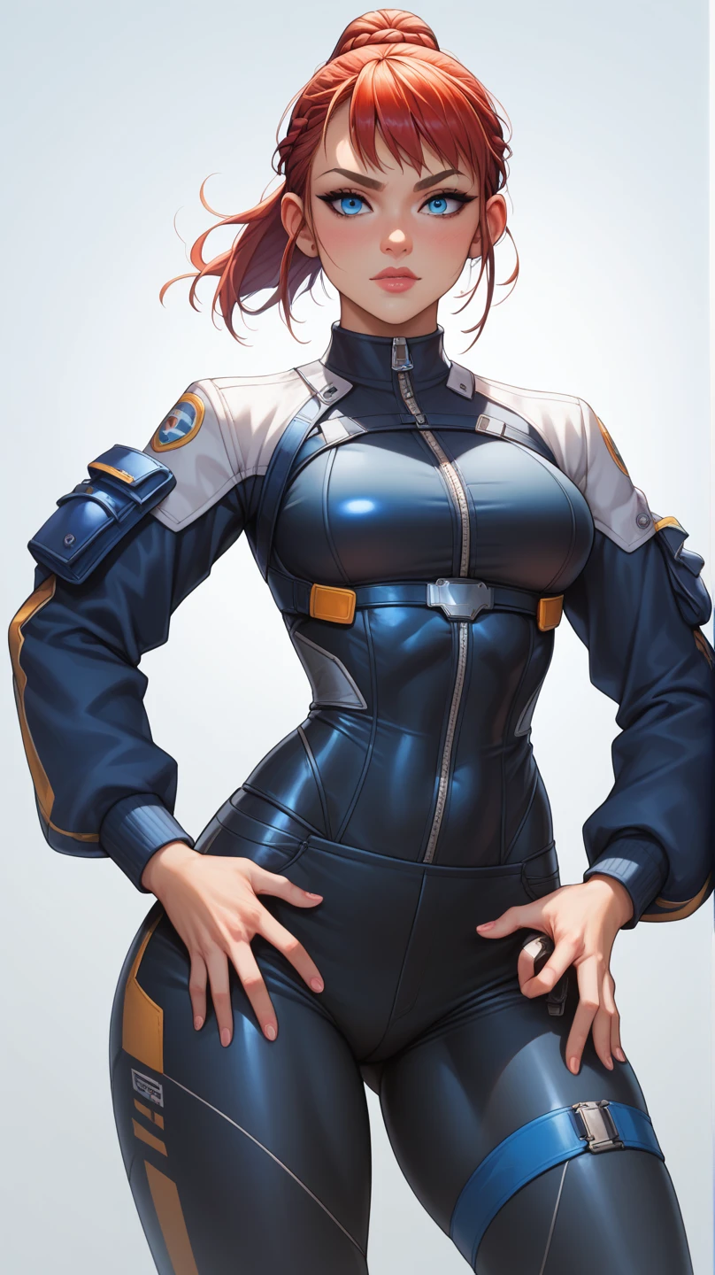 masterpiece, best quality, high quality,1girl,solo,smile,blue jacket, bodysuit, hands on hips