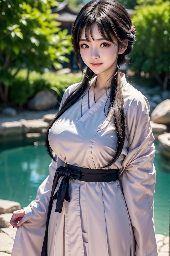 black hair, hair bobbles, wince, longeyelashes, solid circle eyes, light smile, ear blush, ccurate, korean, female, huge breasts, open hanbok, Surrealism, drop shadow, anaglyph, stereogram, tachi-e, pov, atmospheric perspective, 8k, super detail, best quality