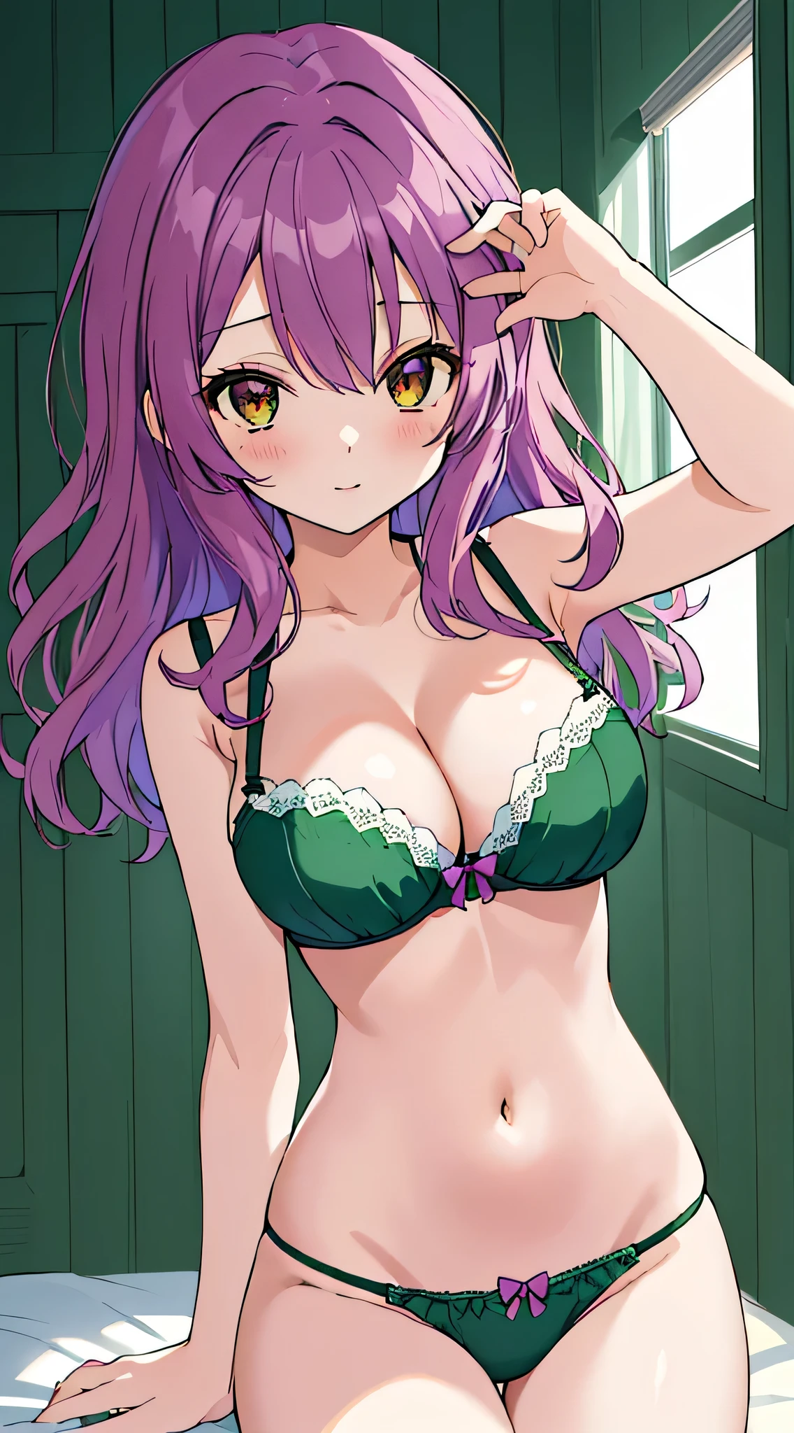 masterpiece、Best Quality、 High Resolution 、1girl、anime girl in a underwear、Alone、 medium hair、Purple Hair、 brown eyes 、Wavy Hair、Green underwear、Green Bra、green panty、Big Breasts、cleavage、 girl with big breasts、 standing、detailed fanart、commission for high res、oc commission、danbooru and artstation、high quality fanart、bra with an green、panty with an green、 Seductive Anime Girls、looking at viewer、 cowboy shot、Female focus、bra and panty only、