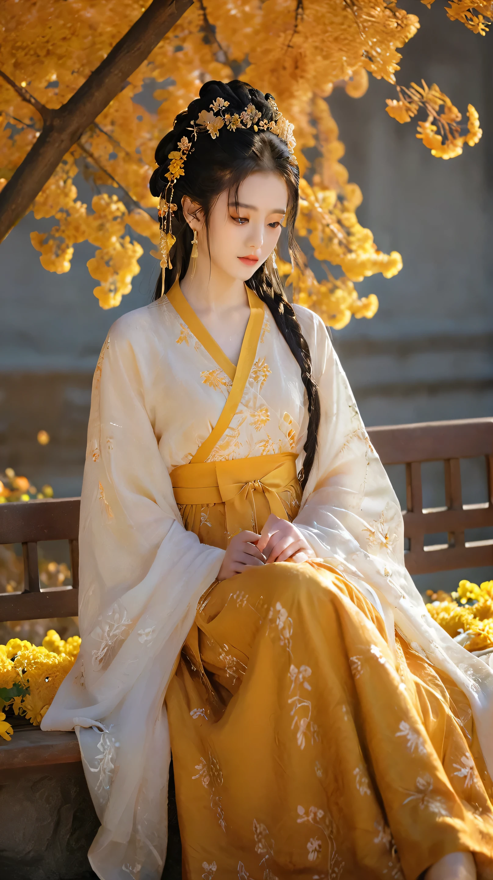 Dunhuang art style, Extremely long-distance lens, A beautiful girl, Perfect face, Pretty Face, Wearing traditional silk dress, Standing oncient soft scroll with golden ancient texts, Zen style, Bright Star, Light and Shadow, Ancient White, epic, Extremely delicate brushstrokes, Reality, Photographed by DJI, illustration, UHD, masterpiece, accurate, anatomically correct, textured skin, super detail, 8k.Create an image of a beautiful young girl in her late s, sitting in a serene garden filled with blooming chrysanthemums, as she reads the poem "不第后赋菊" by Huang Chao. She has long, flowing dark hair adorned with delicate golden hairpins shaped like chrysanthemum petals, reflecting the beauty of autumn.
The girl is dressed in an elegant, deep yellow hanfu that captures the essence of the season, with intricate embroidery of flowers and vines along the hem. The fabric flows gracefully around her as she sits cross-legged on a softly cushioned wooden bench.
Her expression is one of deep contemplation and appreciation, with bright, expressive eyes that reflect the vibrant colors of the chrysanthemums surrounding her. The scene is bathed in warm sunlight, creating a gentle glow that enhances the golden hues of her attire and the flowers around her.
In the background, colorful autumn leaves dance in the light breeze, and a few distant hills can be seen, creating a tranquil, picturesque setting that complements the mood of the poem and highlights the girl’s connection to nature and literature.