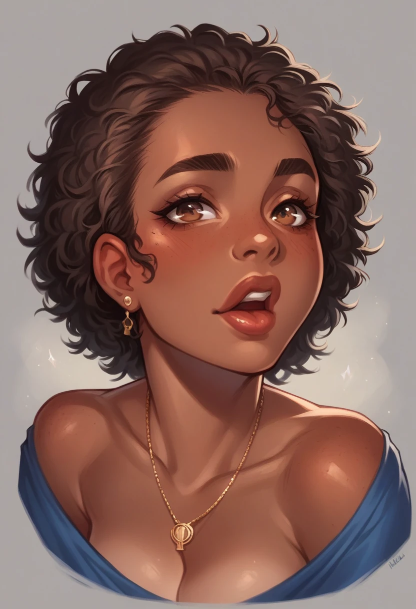 Almond-eyed Dark Mocha-skin tonned African-American woman with SHORT dark curly hair, juicy lips, and a large chest. She is bent over with her Bust and face Close-Up. She has  an Apologetic look  on her face while her hands on  the Behind of her head