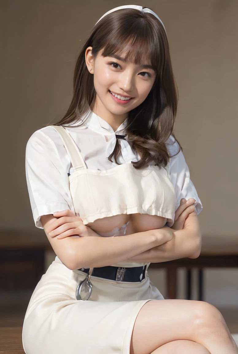a closeup, masterpiece, top-quality, FULL ANATOMY、Raw foto, Photorealsitic、(Cute little face:1.6)、(Very cute smile:1.7)、(with round face:1.9)、(She looks like an idol and is cute:1.7), (A dark-haired)、(cute school uniform:1.7), depth of fields, hight resolution, ultra-detailliert, finely detail, ighly detailed, extremely detailed eye and face, Realistic pupils, foco nítido, Cinematic lighting、18-year-old woman、(One lady、Only one person、独奏、without background:1.9)、 (poneyTail、curlyhair:1.4)、Very detailed 8k wallpaper、Show me your whole body、Looking at the camera、(Too short plaid pleated skirt、I can see the white panties、Plump panties、Lift the hem of the skirt with both hands、Showing her panties to the camera:1.7)、(Brown Long Boots:1.6)、Angle from below、(Thigh close-up:1.6)、(Nice figure、big breasts thin waist)、(Clothes with emphasized chest bulge、Colossal tits:1.8)、Background depth of field