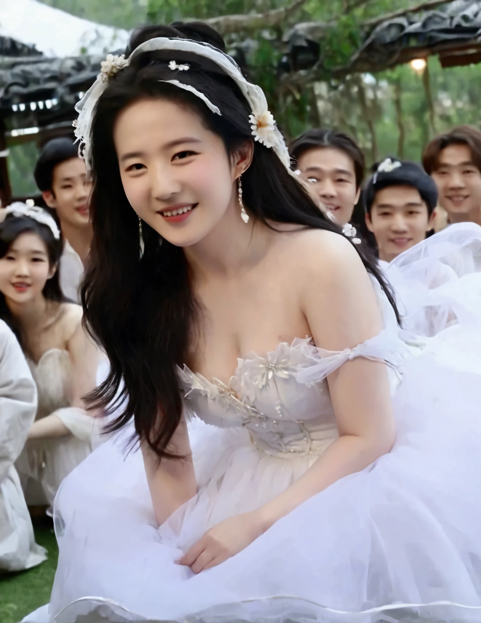 1 beautiful Chinese beauty ，Liu Yifei，Long hair,  looking at the audience , Smile, Blushing,  white tulle fairy costume，beautiful，Sexy，Full figure，Ultra-wide-angle vision