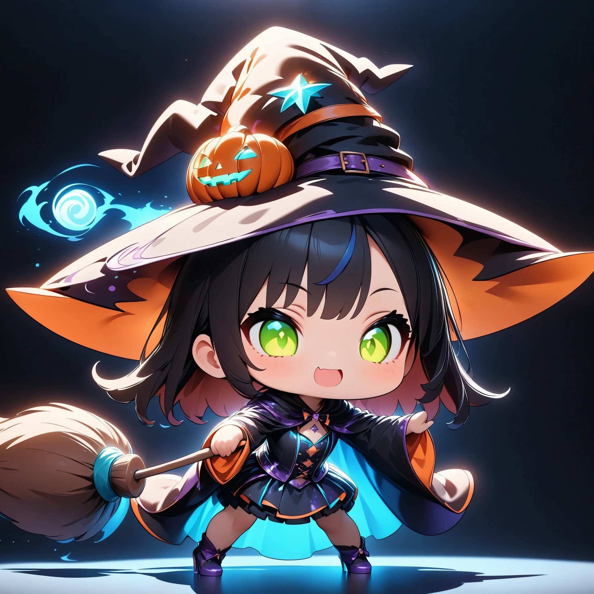 Chibi cute、Deformation、Deformationキャラクター、Halloween Witch、((Standing pose:1.4、Magic Broom))、(Best Quality、 very detailed、 super high definition、 high contrast 、masterpiece)、 Magic effect on all fours、Neon Glowing Outfit 、Witch Robe、Witch Hat、Plain background、Chibi