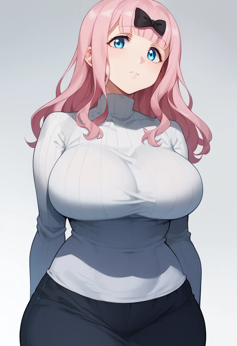 Hyper realistic, mother, milf, mature female, perfect face, perfect lighting, chika, blue eyes, pink hair, hair bow, black bow, sexy female, closed mouth, huge breasts, High neck long sleeve white ribbed knit T-shirt(loose)、ロングマキシスカート、((横から))