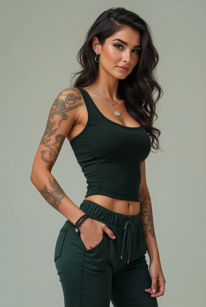 a woman in a green blouse and torn shorts posing for a photo, with torn t-shirt, top cut, usando um top cropped sexy, top cut, wearing top cut, ( ( green dark, green dark, wearing simple, tight-fitting clothes, wearing short tops, green halter top, halter top, cute top, fair blue t-shirt, green shirt