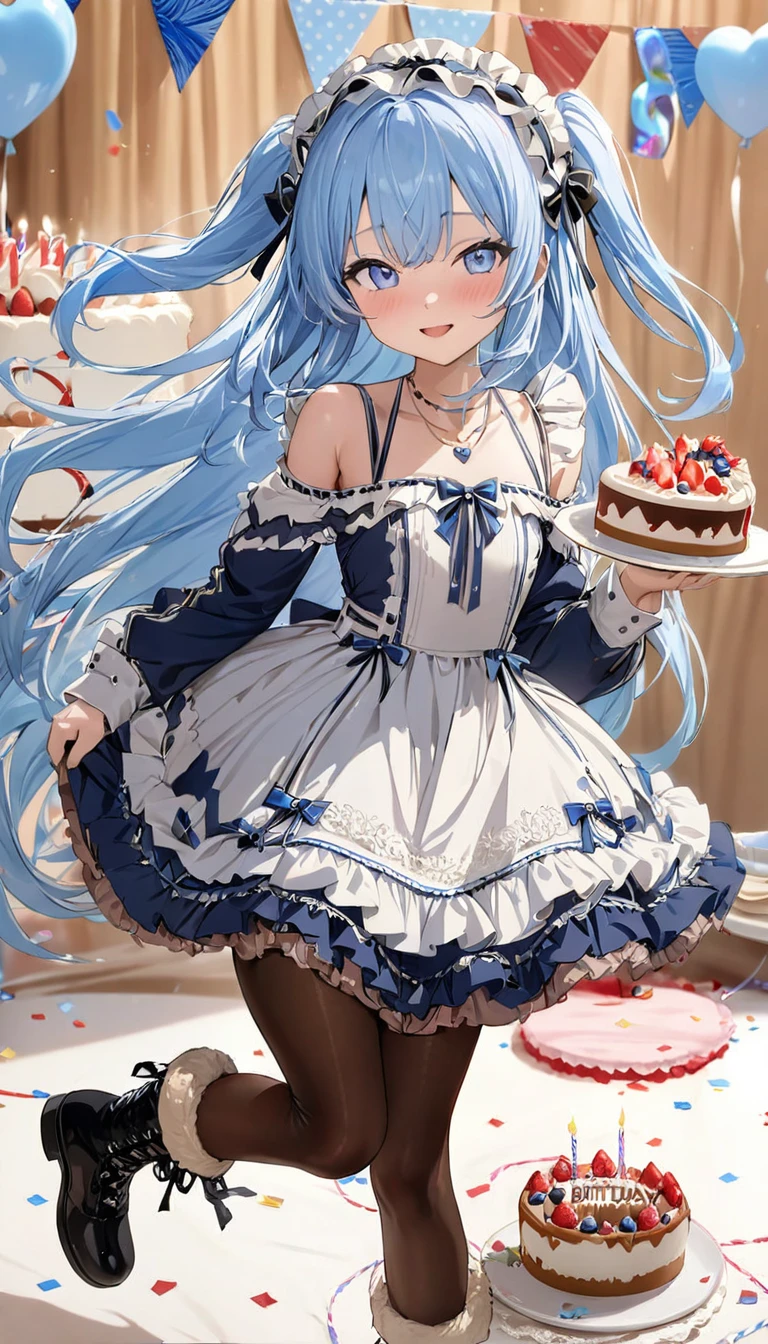 ((masterpiece, best quality, extremely detailed, absurdres)),, masterpiece, best quality, extremely detailed, ((((((light blue long hair)))))), long hair cute anime faces,detailed light,parted lips,shiny、beautiful detailed face,,longhair、(((( light blue long hair)))),,, , 1girl, solo, flat chest, blush, bangs, caramel、Perfect beautiful woman,masterpiece, best quality, ,flat chest, (flat chest),(masterpiece, best quality:1.3) 1girl, solo, long hair, looking at viewer, blush, smile, open mouth, , long sleeves, dress, holding, , jewelry, standing, heart, pantyhose, boots, food, necklace, two side up,, ,tanding on one leg, background, plate, happy birthday, cake, birthday, fur-trimmed boots, birthday cake,****ta-clothing
