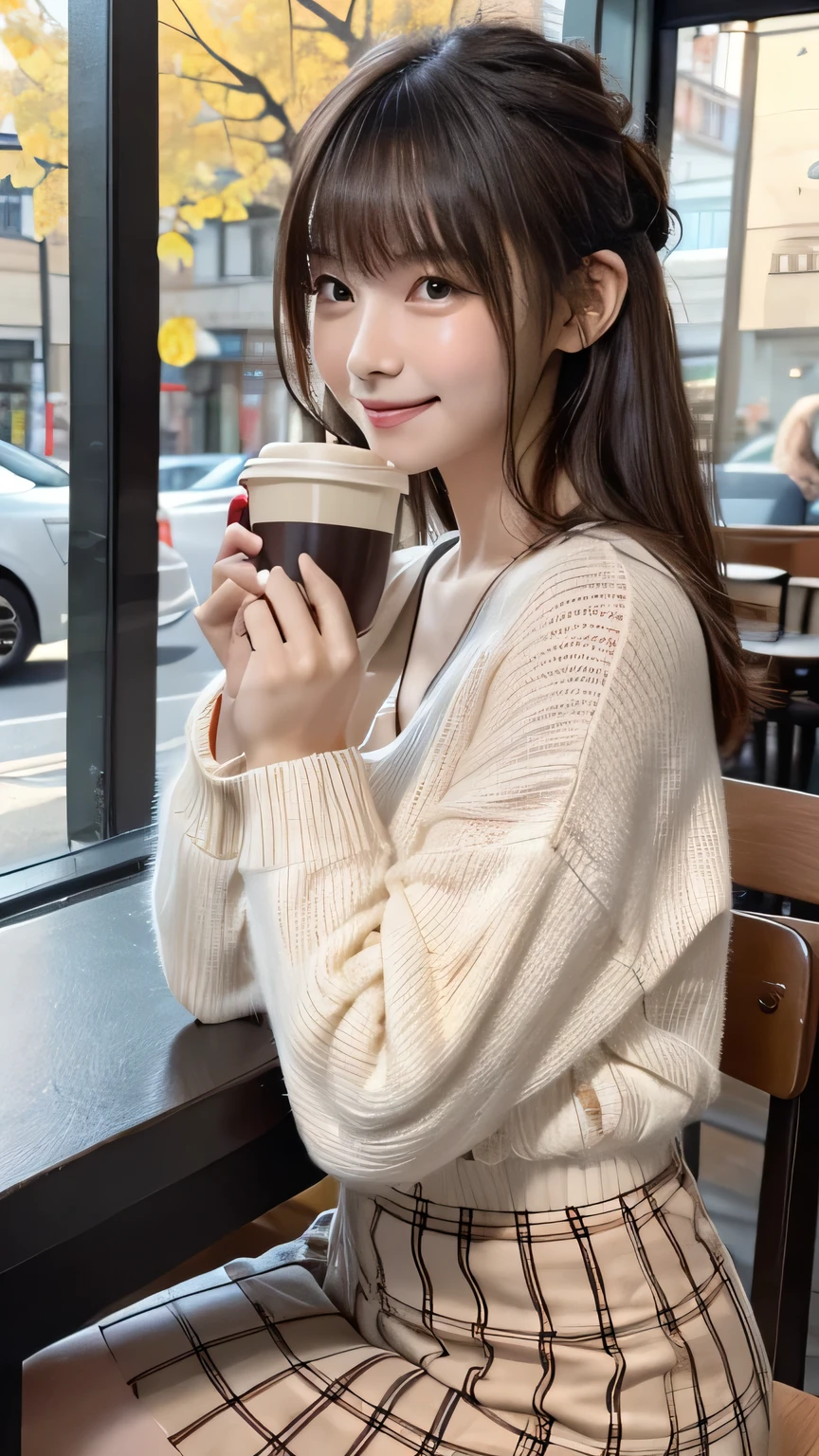 dark brown hair、Light brown eyes、The face of the Japan actress、adult lady、Looks like he&#39;s about 35 years old、(intricate-detail:1.2)、(top-quality:1.4)、 (超A high resolution:1.2)、超A high resolution、(A detailed eye)、(detailed facial features)、nffsw、8K resolution、moderately sized udder、she is wearing a warm white sweater and skirt.length hair、Drinking a latte at a luxurious cafe、