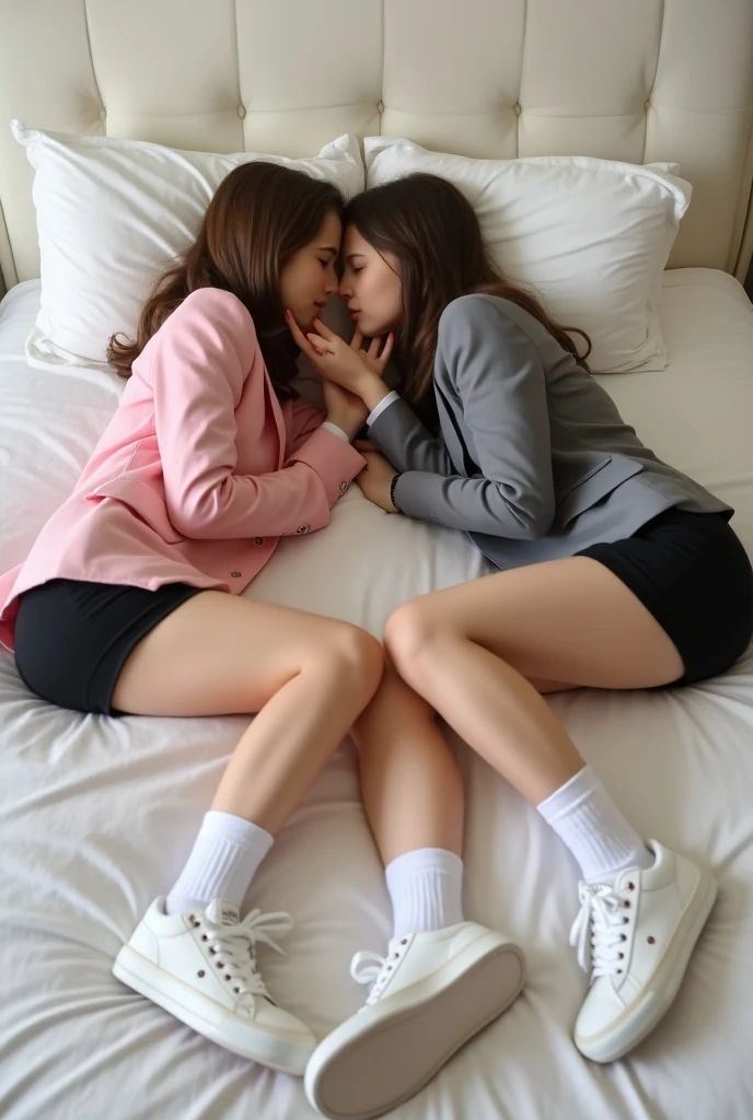 2 girls in the piano room, Navy blue short-sleeved shirt,Navy Long Trackpant,Sweatpants, Sweatpantsขายาว, lying on the bed., หญิงรักhave sex, coax, Sexual arousal, Realistic poses, exercise clothes, exercise clothes, have sex