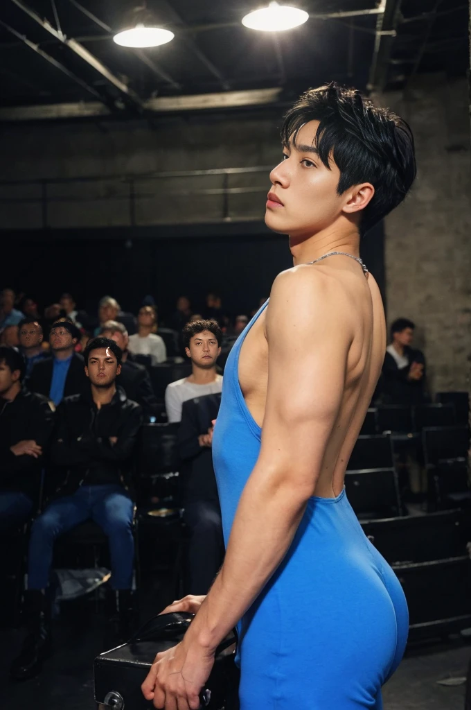 score_9, score_8_up, score_7_up, source_manhwa , best quality, clean face, Lee Ho-seok, man, blue hair with white streaks, blue eyes, extra short hair, big pecs, perfect body, looking at the viewer, pleasurable expression, tight sexy leotard,  latex leotard ，bare chest, in the crowded concert hall, standing, acoustic angle, from behind, big ass, low angle, kpop idol