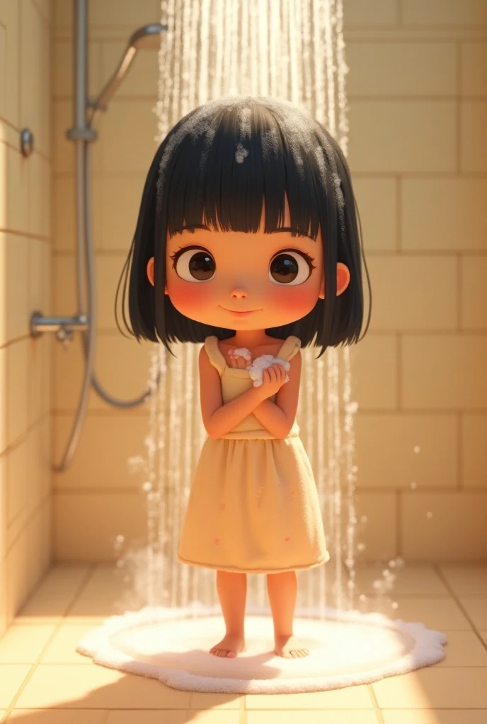 (Pixar 1.25 style) Portrait of a little girl brushing her teeth, inside the bathroom