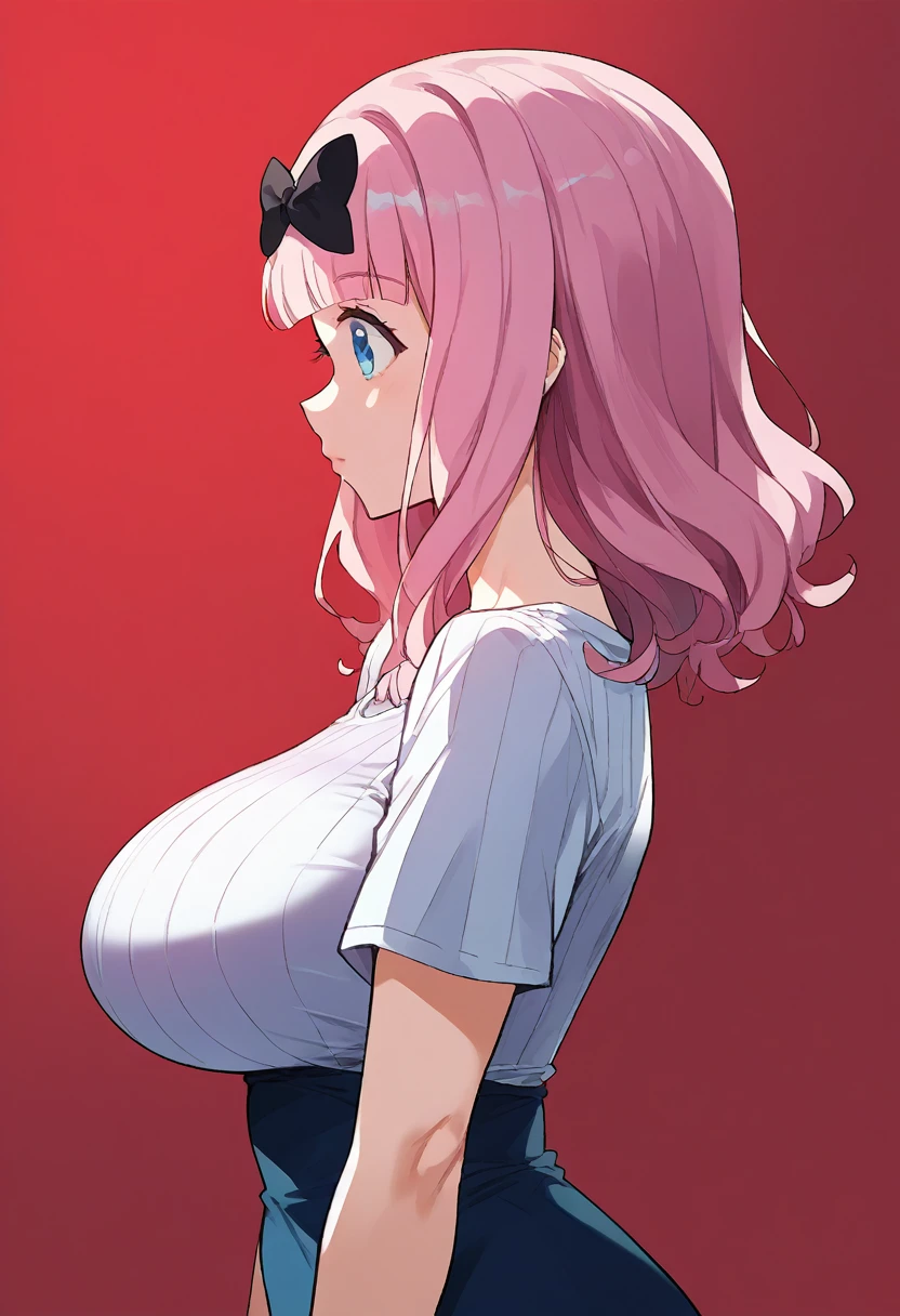 score_9, score_6_up, source_anime, 1girl, alone, , cowboy shot, chika, blue eyes, pink hair, hair bow, black bow,, huge breasts:1.5、long breasts 、High neck short sleeve grey ribbed T-shirt dress、、Are standing、From the side、 upper body