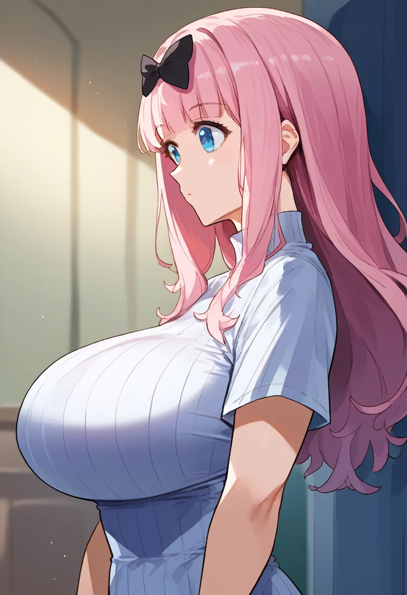 score_9, score_6_up, source_anime, 1girl, alone, , cowboy shot, chika, blue eyes, pink hair, hair bow, black bow,, huge breasts:1.5、long breasts 、High neck short sleeve grey ribbed T-shirt dress、、Are standing、From the side、 upper body