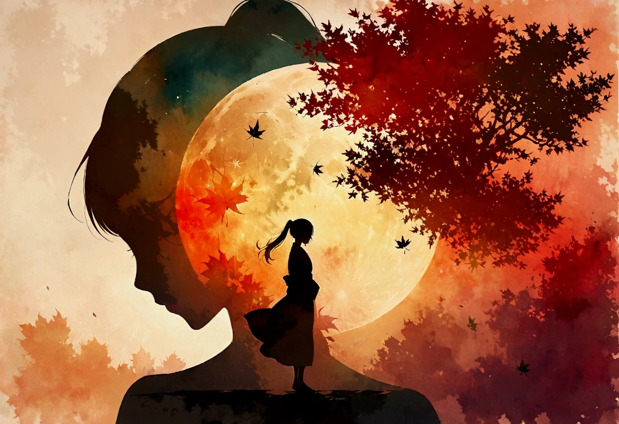 Silhouette Art,Autumn leaves pattern on woman silhouette isolated on white background,(female silhouette: kimono:  in the same way:  Long Ponytail :  dynamic pose ),女性のシルエットにのみAutumn leaves patternを描く.,break,Autumn leaves pattern: Yellow and orange gradient: Overlapping transparent autumn leaves: Overlapping Layers: Vibrant colors: Sparkling,break,Vector art,A background painting of the moon and autumn leaves in very light colors,Works created using watercolors,(Reproduce the blur and smudges characteristic of watercolor paintings),transparency,Soft Tone,Use layering techniques