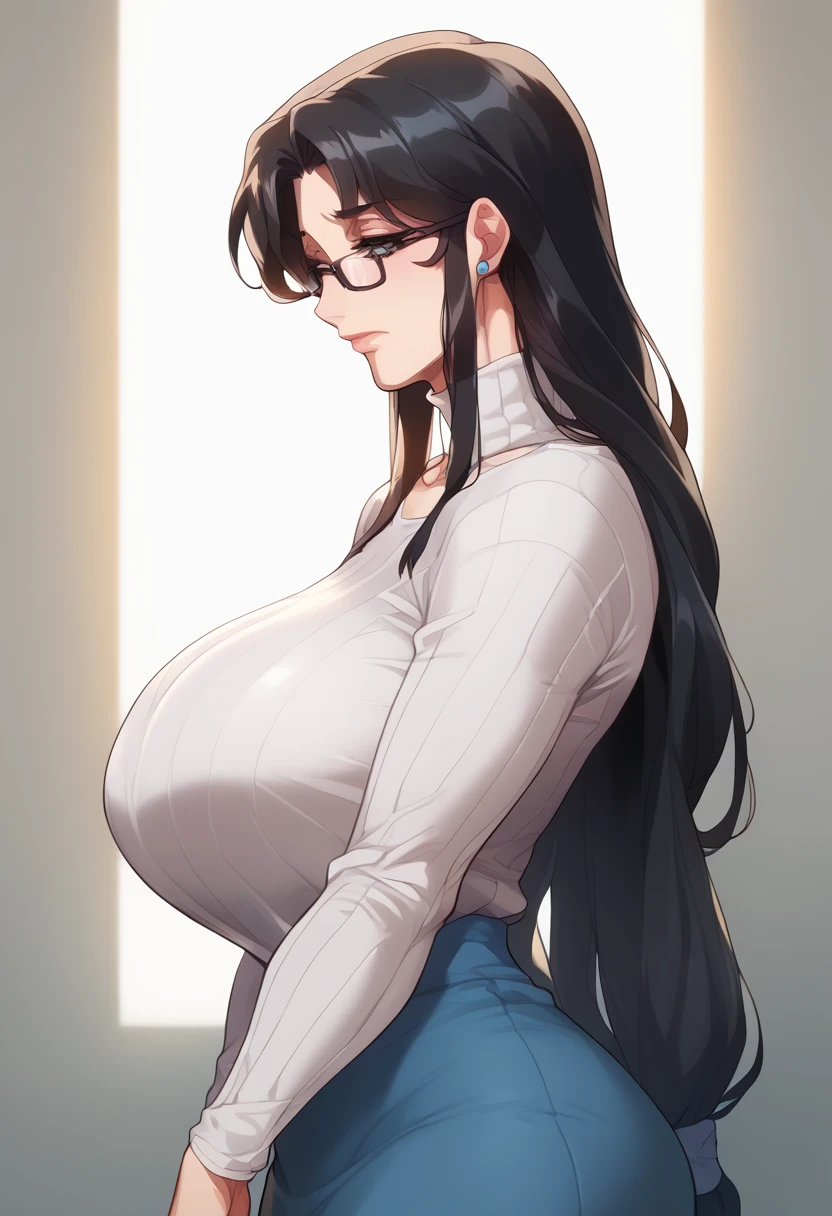 Hyper realistic, mother, milf, mature female, perfect face, perfect lighting,Black Hair、Straight Hair、Long hair tied in a low position, Glasses、sexy female, closed mouth, huge breasts, High neck long sleeve white ribbed knit T-shirt(loose)、 long maxi skirt、((From the side))、
T5UM4N3T0R1 