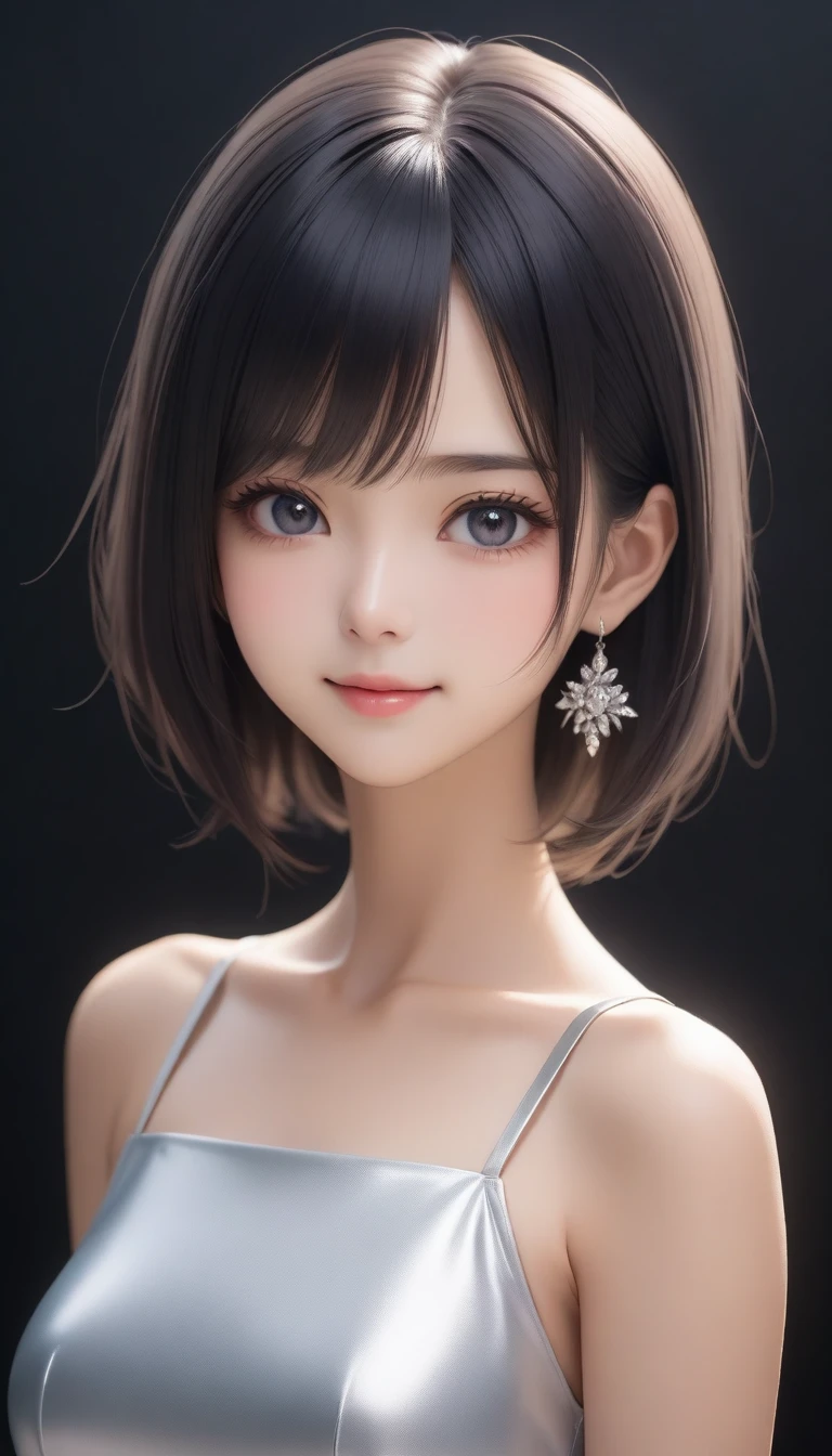 (UHD, Retina, masterpiece, precise, Anatomically correct, Textured Skin, Super Detail, High Detail, high quality, best quality, high resolution, 1080P, HD, 4K, 8K, 16K), (Beautiful and delicate eyes, Beautiful and delicate lips, Extremely detailed eyes and face), Studio Lighting, Physically Based Rendering, Bright colors, (Large Breasts, Attractive figure, big nipples), (backless see-through dress), (portrait, Bob Cut, Shiny hair, Glowing skin, blush), (Bokeh), Eye Reflection,