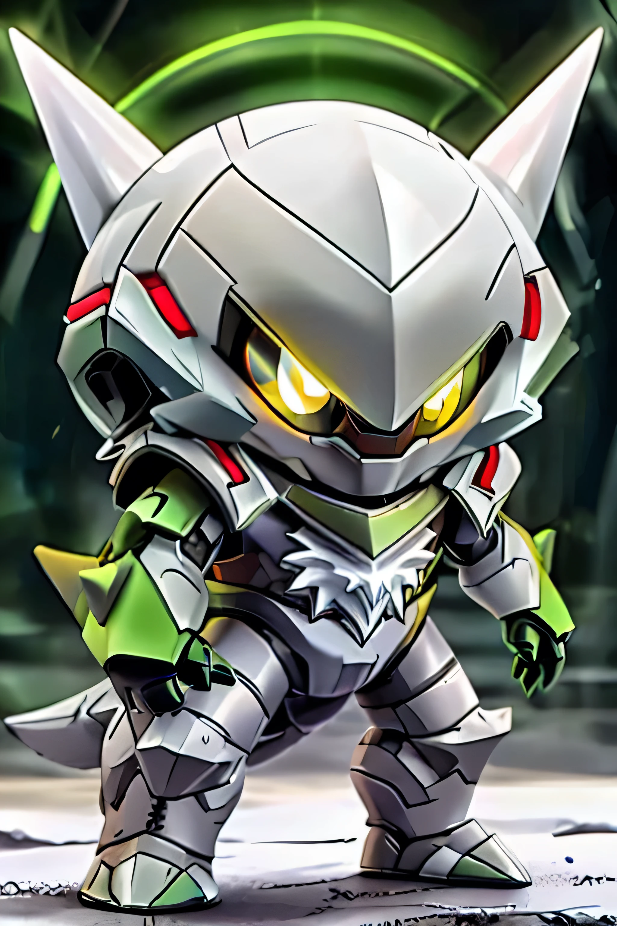 guchen,,chibi, yellow eyes,,glowing,Sci-Fi,Neon Lights,Hyper Real,Photorealistic,16K,high detail,high resolution, ((green and white armor)), chesnaught design,