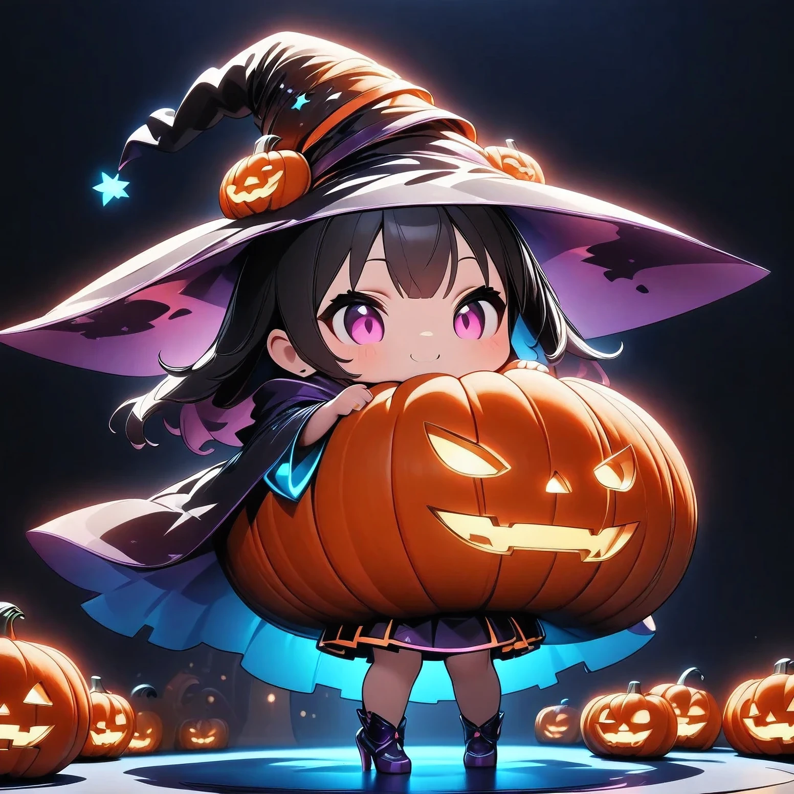 Chibi cute、Deformation、Deformationキャラクター、Halloween Witch、((Hold a giant pumpkin with both hands))、(Best Quality、 very detailed、 super high definition、 high contrast 、masterpiece)、 Magic effect on all fours、Neon Glowing Outfit 、Witch Robe、Witch Hat、Plain background、Chibi