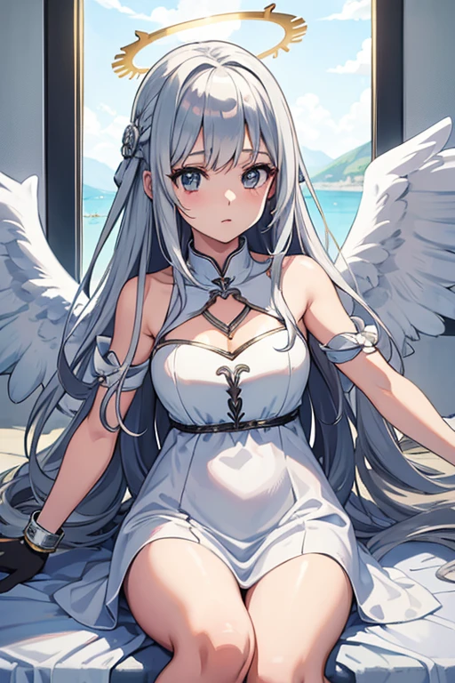 1girl, angel wings, bare shoulders, blue eyes, blue ribbon, cleavage, closed mouth, detached sleeves, dress, feathered wings, juliet sleeves, large breasts, long hair, long sleeves, looking at viewer, neck ribbon, puffy sleeves, ribbon, sky, smile, solo, very long hair, white dress, white hair, white wings, wings, yorktown ii \(azur lane\)