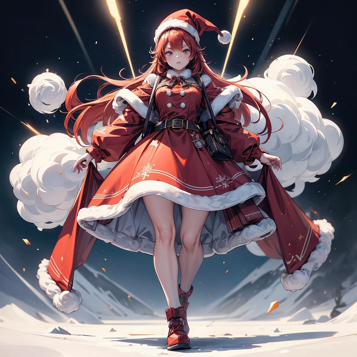 (Best Quality:1.2,  very detailed, up to date, A lonely look,  super high definition,  high contrast , masterpiece:1.2, Best Quality, Best aesthetics), cute,cute,cute、Red hair and Santa outfit、Santa Makeup、Santa hat、宙に舞うCandy Cane, Black sharp gaze, Glamorous proportions,Candy Cane, Christmas、present、 Santa Claus、Glamorous proportions,Aggressive Movement、The whole body is shown、 background white official illustration style,masterpieceBest Quality,Exquisite,8k, absurd,Super detailedなイラスト,( watch the audience) (Super detailed, The absolute solution, Best Quality:1.3), 2.5D,  Delicate and dynamic effects, Lighting Effects, Artistic, Hyper,  Graphic CG Digital Art 、Full Body Shot,Design Sheet