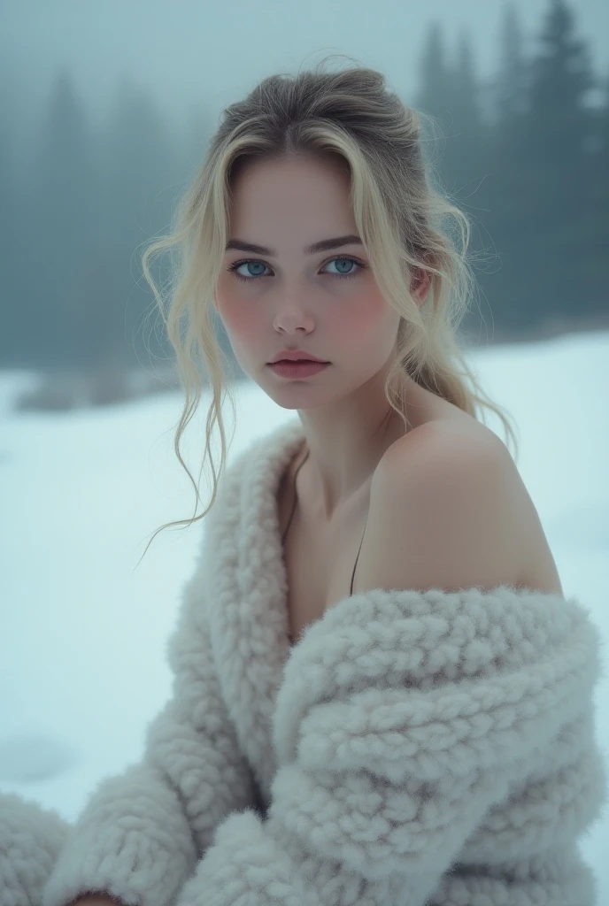 beautiful Russian girl, completely naked, in frigid region, (best quality, realistic:1.37), snow-covered landscape, freezing temperatures, rosy cheeks, shivering, icy breath, delicate porcelain skin, crystal-clear icicles, frosty eyelashes, snowy pine trees, winter wonderland, ethereal beauty, winter goddess, aurora borealis in the night sky, pale blue hues, soft natural light.