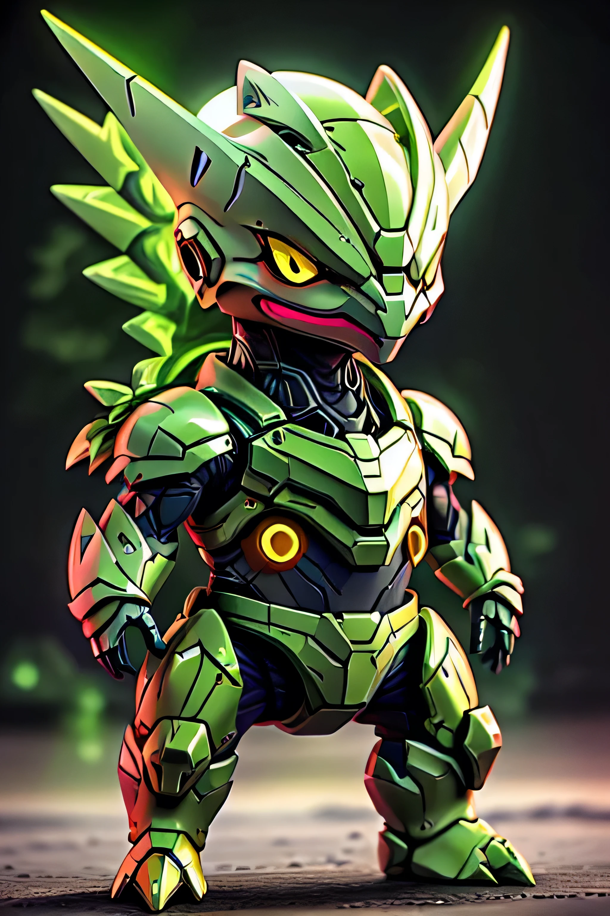 guchen,,chibi, yellow eyes,,glowing,Sci-Fi,Neon Lights,Hyper Real,Photorealistic,16K,high detail,high resolution, ((green armor)), sceptile design,