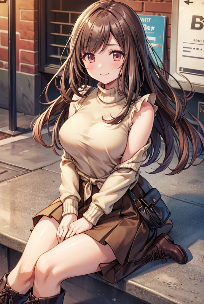  1 girl, solo,  High Resolution , Long Hair, ((Large Breasts)),  looks, smile,  brown eyes , Brown Hair, In the streets of Italy,  High Resolution , masterpiece, accurate,  anatomically correct, 最high quality,  detail, 高い detail,  high definition models, high quality,  very detailed,  textured skin,  ultra-fine, Black knit sweater,  brown mini skirt ,  Long Boots , Walking happily,  in the pub, Brown shoulder bag, whole body, Sit on a bench,