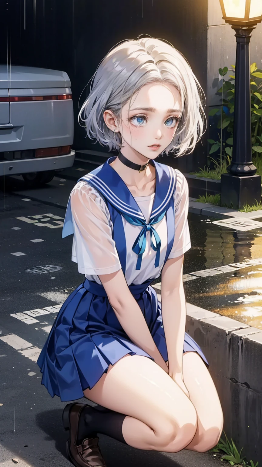 One Woman,The woman is looking down,(Silver Hair),short hair,Short Bob,Navy blue ribbon (blue eyes),cry,Teary-eyed, Light blue sailor suit,Navy blue collar,  Navy Blue Line  , Black socks,Up to the knees,  Black Loafers in the Rain,night,Star Masterpiece  , best quality,Exquisite,8k,  absurd,Ultra-detailed illustrations,( Viewers)