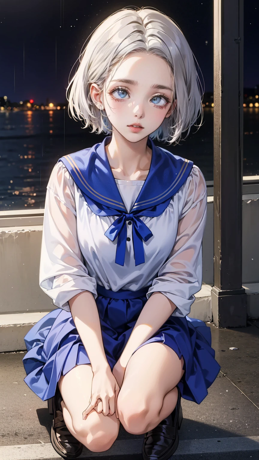 One Woman,The woman is looking down,(Silver Hair),short hair,Short Bob,Navy blue ribbon (blue eyes),cry,Teary-eyed, Light blue sailor suit,Navy blue collar,  Navy Blue Line  , Black socks,Up to the knees,  Black Loafers in the Rain,night,Star Masterpiece  , best quality,Exquisite,8k,  absurd,Ultra-detailed illustrations,( Viewers)