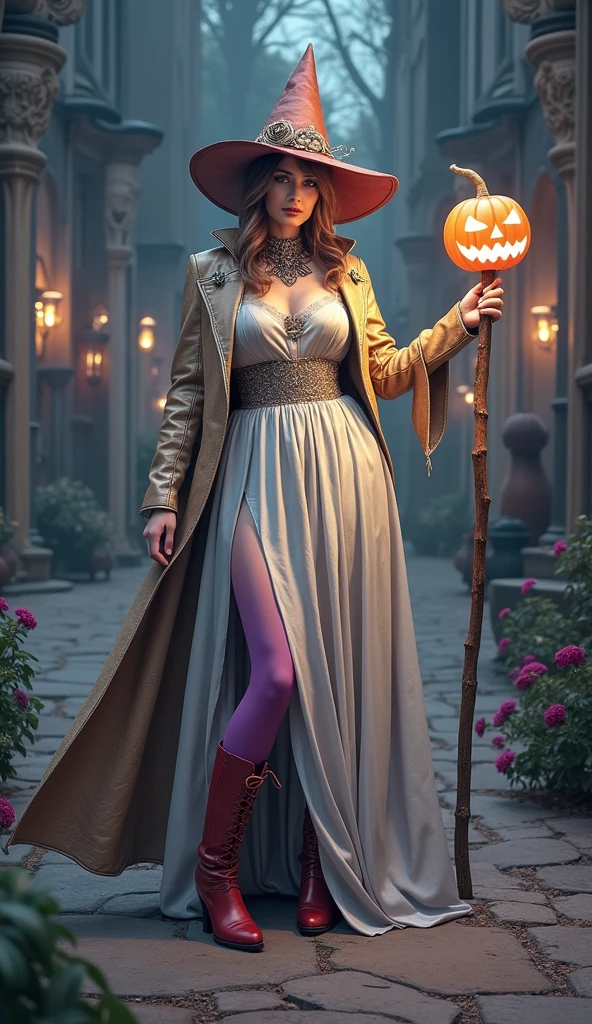 a goddess holding pumpkin Carvings, gigantic breasts, cleavage, gorgeous white robe, necklace, earrings, bracelet, anklet, detailed embroidery, ring
