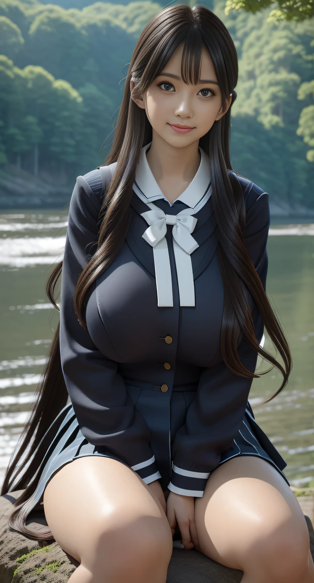 Pre-Girl,Horse tail,Large Breasts, smile, viewers, Sailor suit,Skinny Jeans, Athletic Sneakers,photograph, realistic, best quality, Glasses, employee, Detailed face, sitting on a big rock by a river in the middle of the forest, Diffuse lighting, depth of field, Background blur