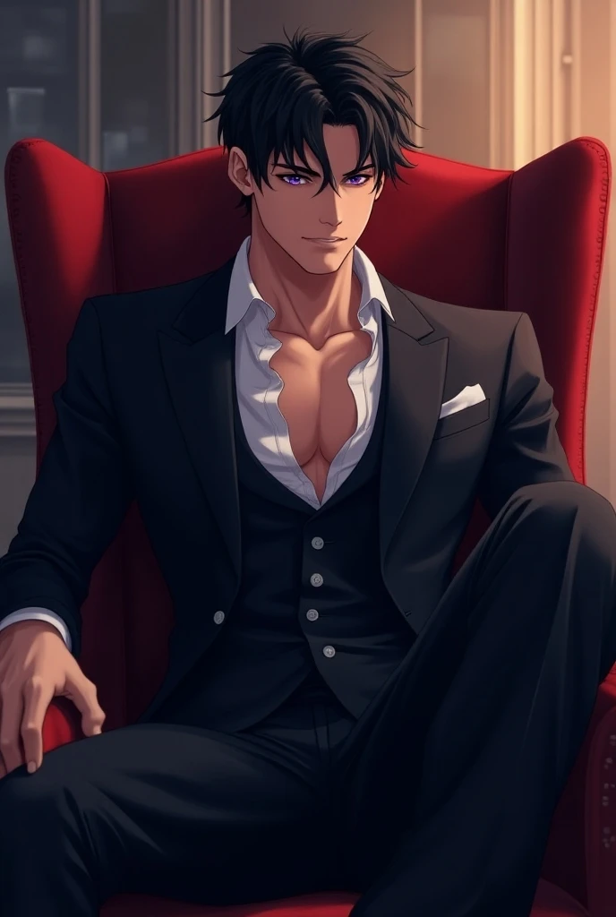 absurdres, highres, ultra detailed, HDR, master piece, best quality, perfect face, Wriothesley, black hair, expressive blue eyes, Genshin Impact, solo, sexy man, handsome, toned chest, showing the chest, horny, sensual, erotic, black shirt, red necktie, black boxers, sitting on a couch, flowers, petals, room