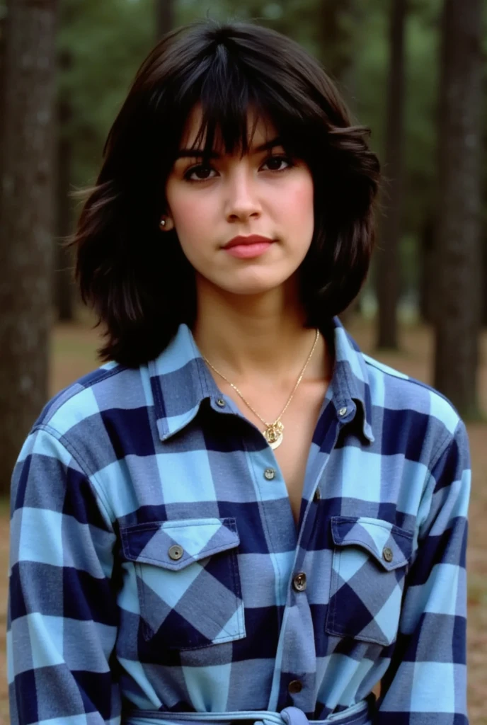 The image is a high-resolution photograph featuring a woman named phoebe standing in a forested area. She has short, dark brown hair styled in a pixie cut, with a slight side part, and her expression is neutral, almost pensive. Her skin tone is light, and she has striking, dark eyebrows and large, dark brown eyes accentuated with subtle makeup. She wears a blue and white checkered flannel shirt with the sleeves rolled up, revealing her collarbones and a delicate gold necklace with a small pendant. The shirt has a button-down front with a tie at the waist, adding a touch of casual elegance. The background is a blurred forest scene with tall, dark green pine trees, creating a natural, serene atmosphere. The lighting is soft, likely natural daylight, which enhances the texture of her skin and the fabric of her shirt. The overall mood of the image is calm and contemplative, with the focus on the subject's thoughtful demeanor and the natural beauty of the forest setting.