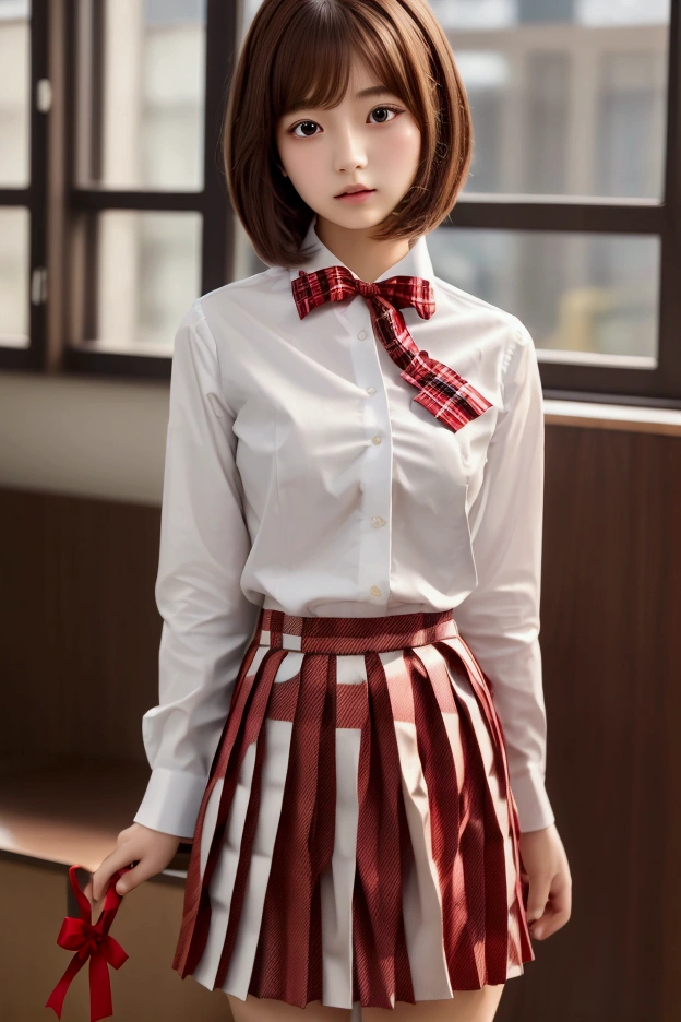 real photograph, The Extremely Detailed CG Unity 8K Wallpapers、top-quality、Ultra Detailed、​masterpiece、Studio shot、 Soft Focus 、Soft atmosphere、Realistic、Photo realistic、、 very detailed、Alone、18 years old、Japanese, : 1.5, Brown Hair、Long bob cut hair、
(JK uniform:1.2), (Wearing a white shirt,:1.3), (Red ribbon:1.3), ( plaid pleated skirt:1.3), School classroom in the background、Out of focus、Blur、