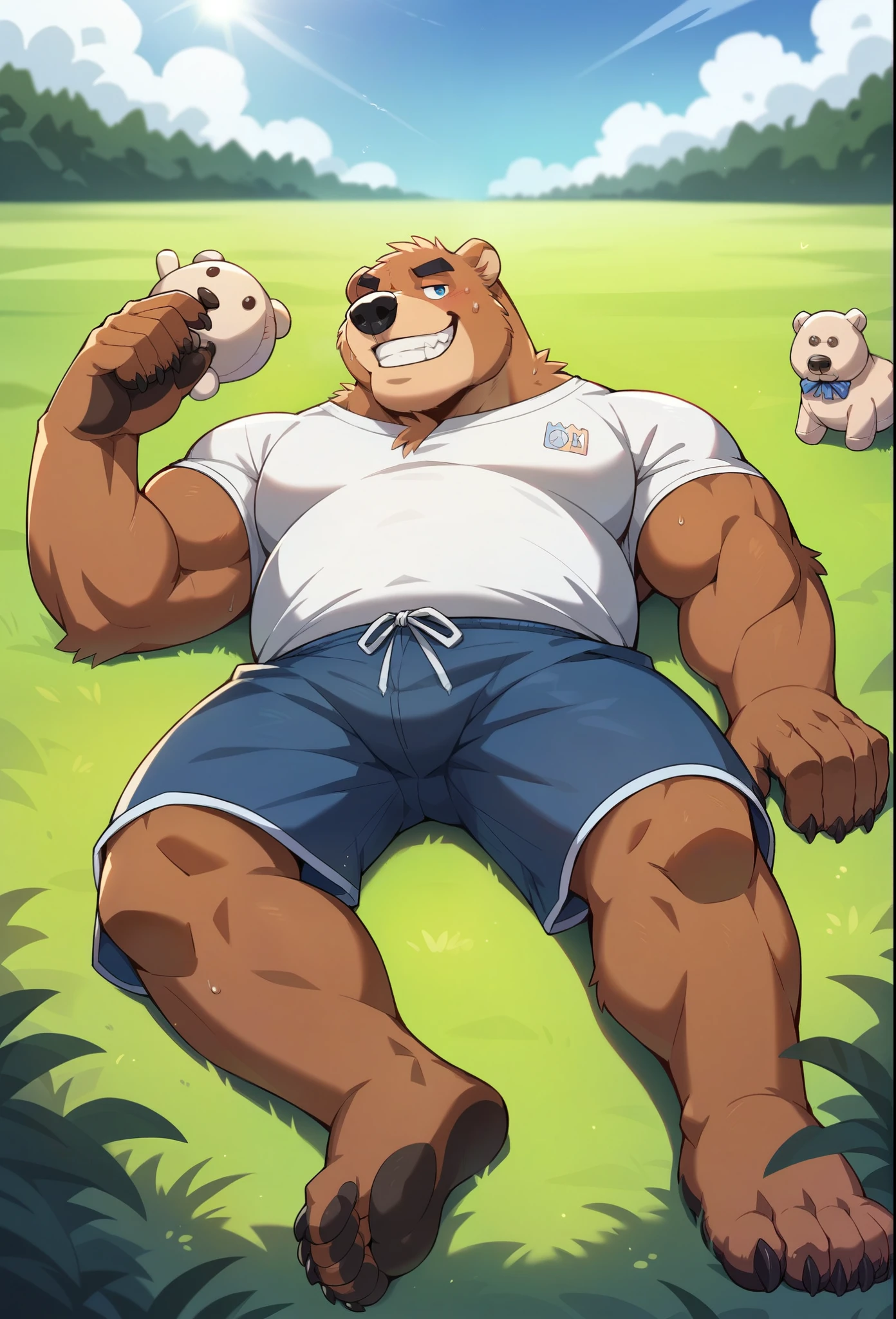 Bear father, solo male，shaggy，Furry，burly build, daddy relaxing with feet crossed ((detailed soles)), laying outside tent, (erect uncut penis) (((foreskin))) ((realistic genitals)) burly build，perspired ((proud))，vred，e621, vred, anime bara art style, outdoors, campsite background