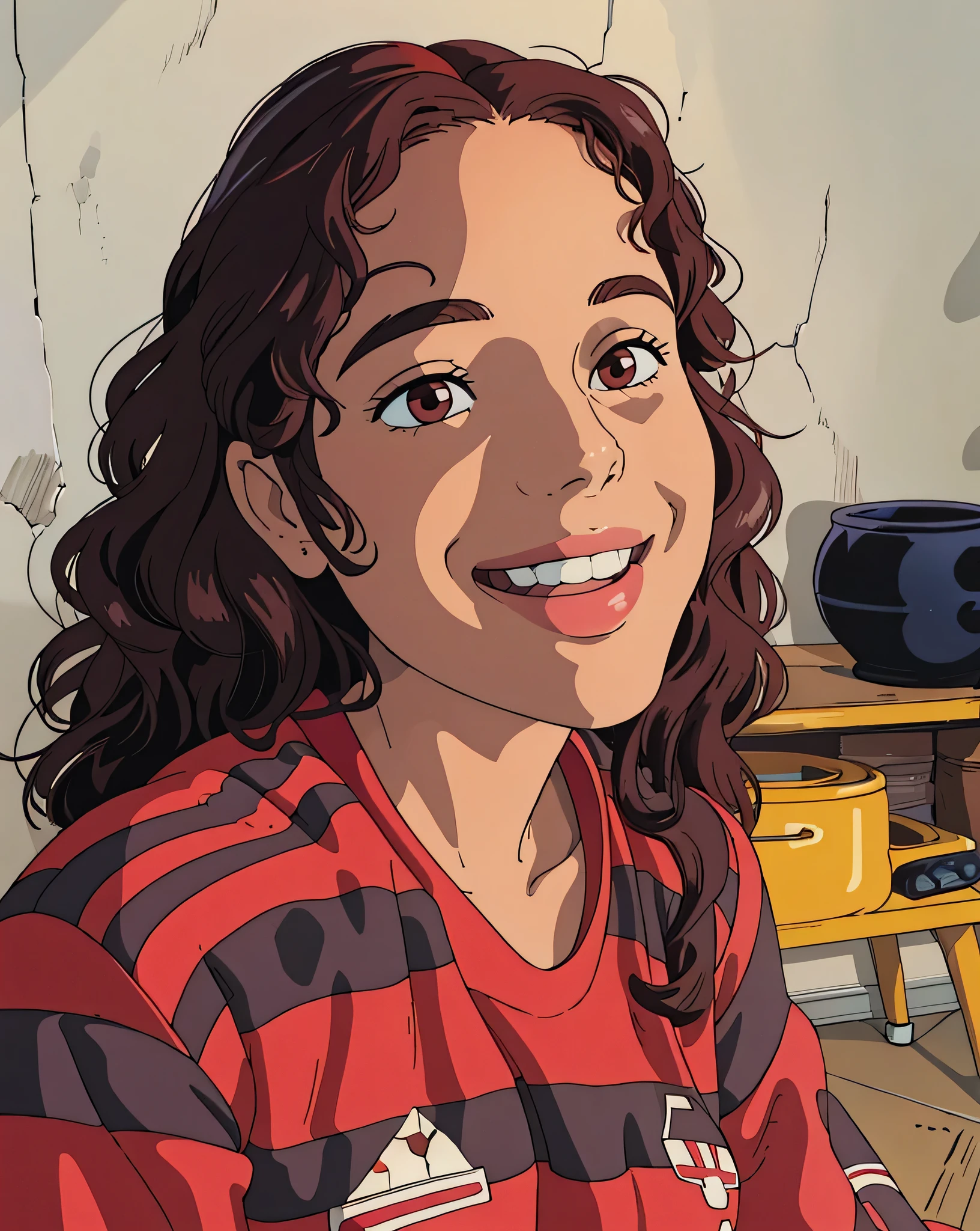 smiling woman with curly hair and red and black shirt in a room, malika favre, looks like fabiula nascimento, andrea rocha, happily smiling at the camera, she is about 1 , icaro carvalho, caio santos, high quality portrait, portrait shot 8 k, by Almeida Júniorghibli style, ((masterpiece)),((best quality)),(detailed),Illustration,8k,colorful, high contrast