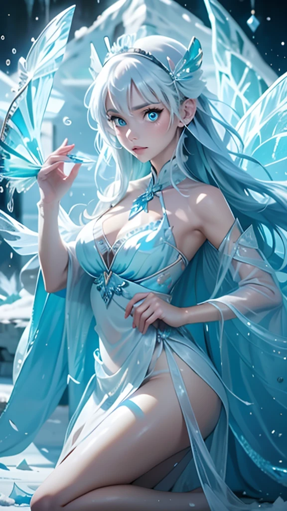 RAW, analog style, hyperdetailed masterpiece photograph of gorgeous Goddess, glamour theme, blue skin texture, translucent ice bra, ((cyan Flowing Hair)),((high detailed skin, skin details)), sharp focus, volumetric fog, 8k uhd, dslr, high quality, film grain, cute large breasts, busty, ulzzang-6500, bottomless