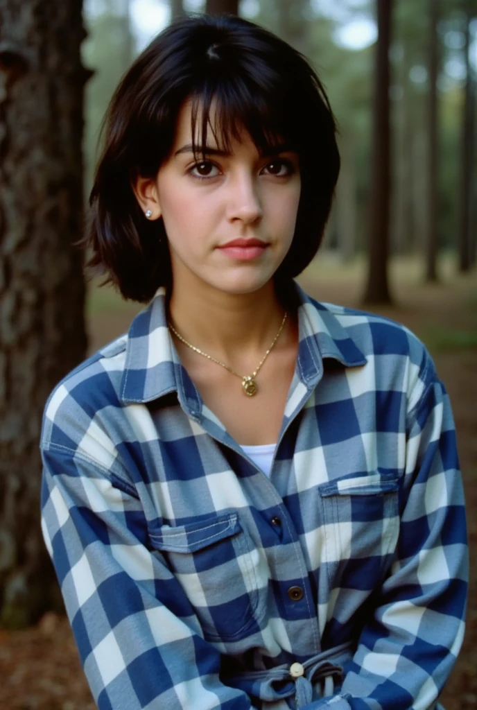 The image is a high-resolution photograph featuring a woman named phoebe standing in a forested area. She has short, dark brown hair styled in a pixie cut, with a slight side part, and her expression is neutral, almost pensive. Her skin tone is light, and she has striking, dark eyebrows and large, dark brown eyes accentuated with subtle makeup. She wears a blue and white checkered flannel shirt with the sleeves rolled up, revealing her collarbones and a delicate gold necklace with a small pendant. The shirt has a button-down front with a tie at the waist, adding a touch of casual elegance. The background is a blurred forest scene with tall, dark green pine trees, creating a natural, serene atmosphere. The lighting is soft, likely natural daylight, which enhances the texture of her skin and the fabric of her shirt. The overall mood of the image is calm and contemplative, with the focus on the subject's thoughtful demeanor and the natural beauty of the forest setting.