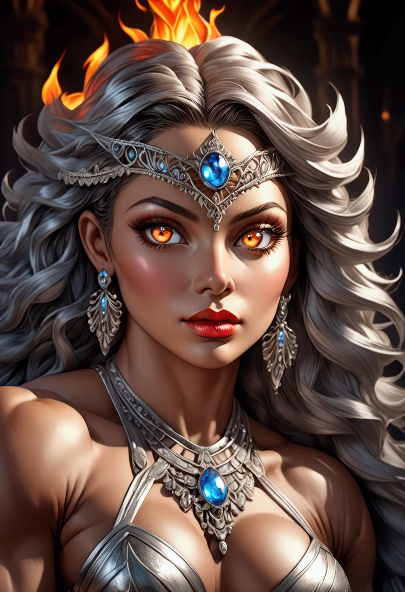 a beautiful silver goddess with huge muscles and flaming hair, highly detailed face, beautiful detailed eyes, beautiful detailed lips, extremely detailed face and eyes, long eyelashes, muscular body, glowing skin, goddess, ethereal, cinematic lighting, dramatic lighting, volumetric lighting, vibrant colors, fantasy, epic scale, 8k, high resolution, photorealistic, intricate details, hyper-realistic, masterpiece