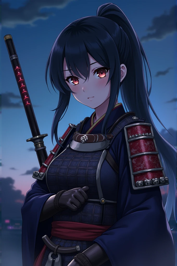 Best Quality, masterpiece,  highest resolution ，armor，samurai_armor，Tanegashima _Rifle，Japanese Sengoku Warlords，（Night Sky_background），Black Hair， ponytail_Hairstyle，Beautiful eyes，smug face，Young woman， anime style, （4K）, Alone，((whole body)) ， Looking at the camera,   hyper-detail, (Intricate details),