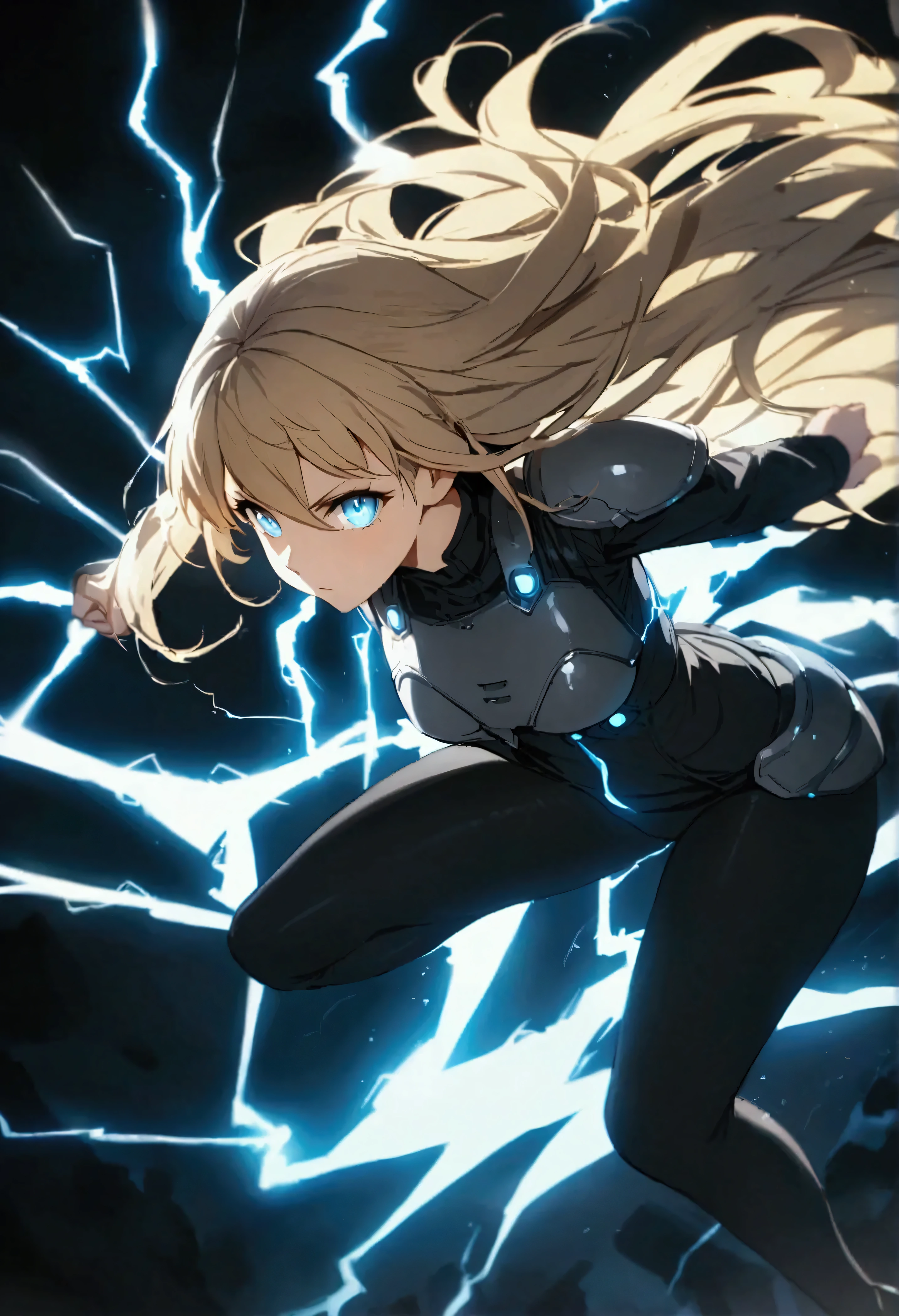 blonde, long flowing hair, cinematic, light blue eyes, glowing effect, electricity, 1 girl, beautiful girl, long tight dark black leggings, small open black jacket, jumping in air, epic, masterpiece, futuristic, flowing lightning energy around body, Lightning Glow effect, very detailed, action pose, from above view depth of field, muscle definition, normal sized legs.
