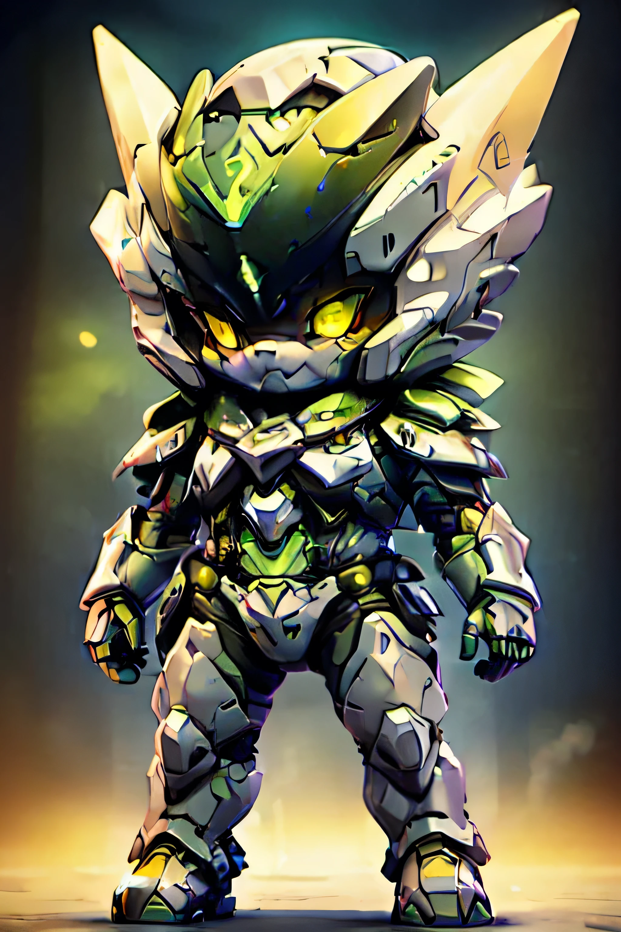 guchen,,chibi, yellow eyes,,glowing,Sci-Fi,Neon Lights,Hyper Real,Photorealistic,16K,high detail,high resolution, ((green armor)), Meowscarada design, feminine body,